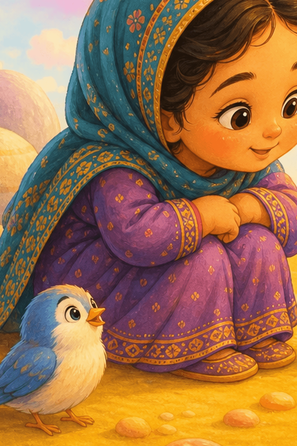 A gentle toddler in a headscarf meeting a friendly bunny, a little bird and a butterfly in a sunny meadow.