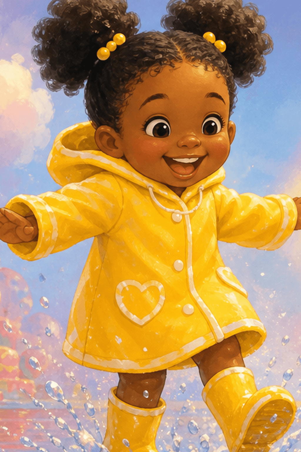 A joyful toddler in a yellow raincoat and boots splashing in a puddle, a rainbow behind.