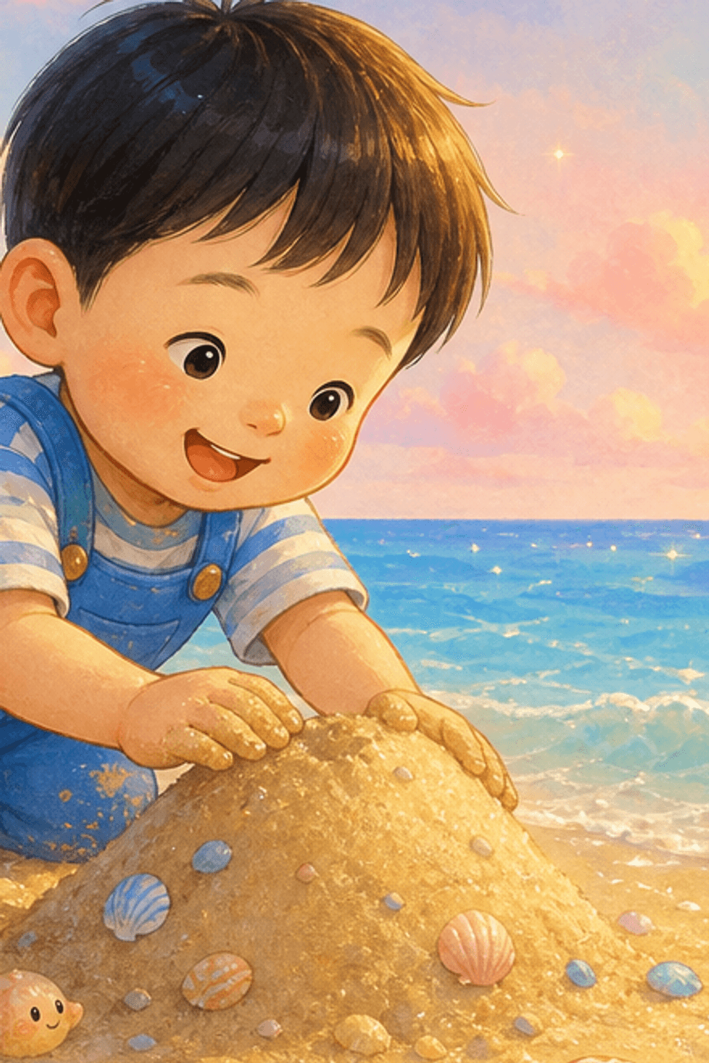 A happy toddler at the seashore patting sand, counting seashells and a starfish under a smiling sun.