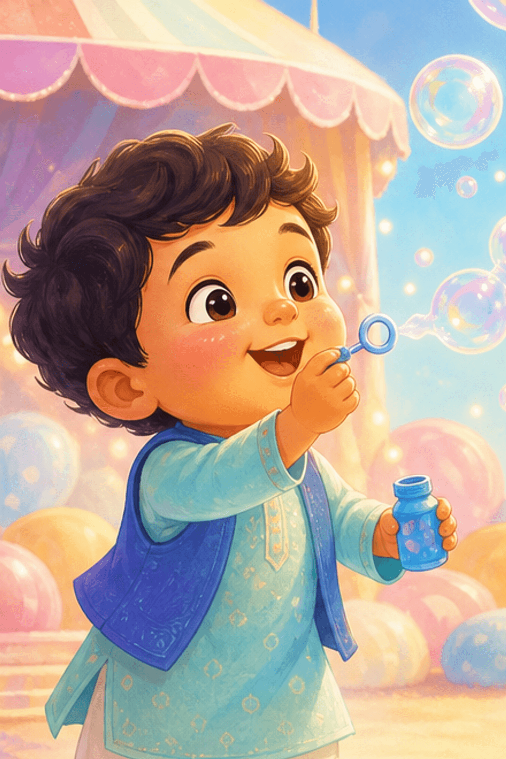 A delighted toddler blowing big iridescent soap bubbles across a bright, colorful candy-world.